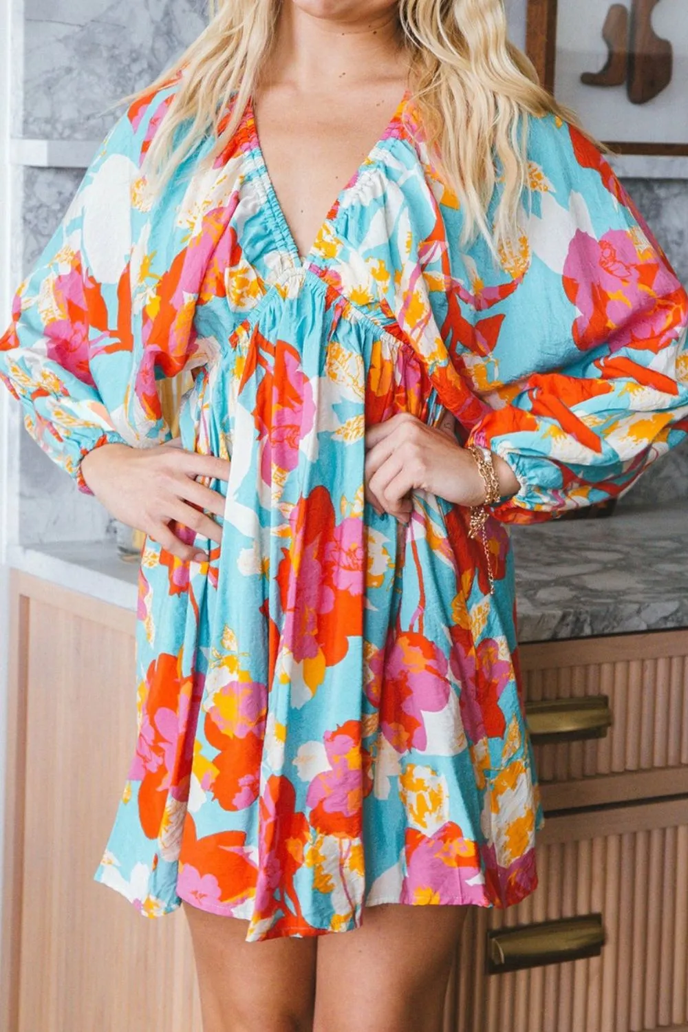 Floral Bracelet Sleeve Empire Waist Mini Dress
