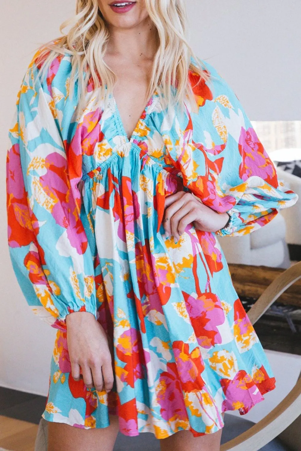 Floral Bracelet Sleeve Empire Waist Mini Dress