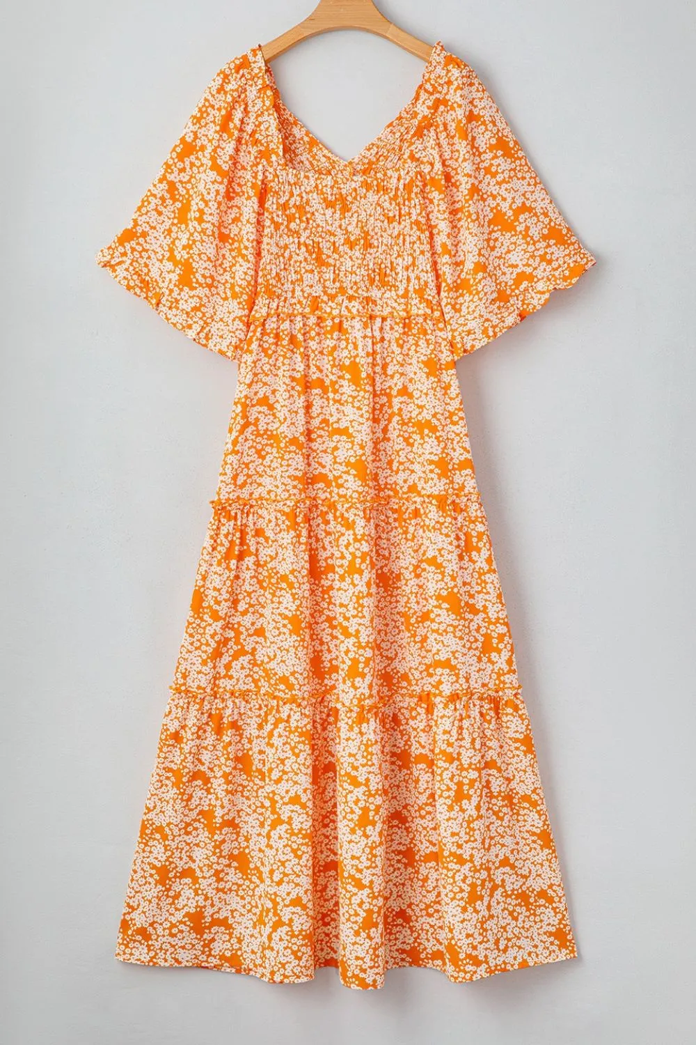 Floral Print Smocked V Neck Wide Sleeve Maxi Dress