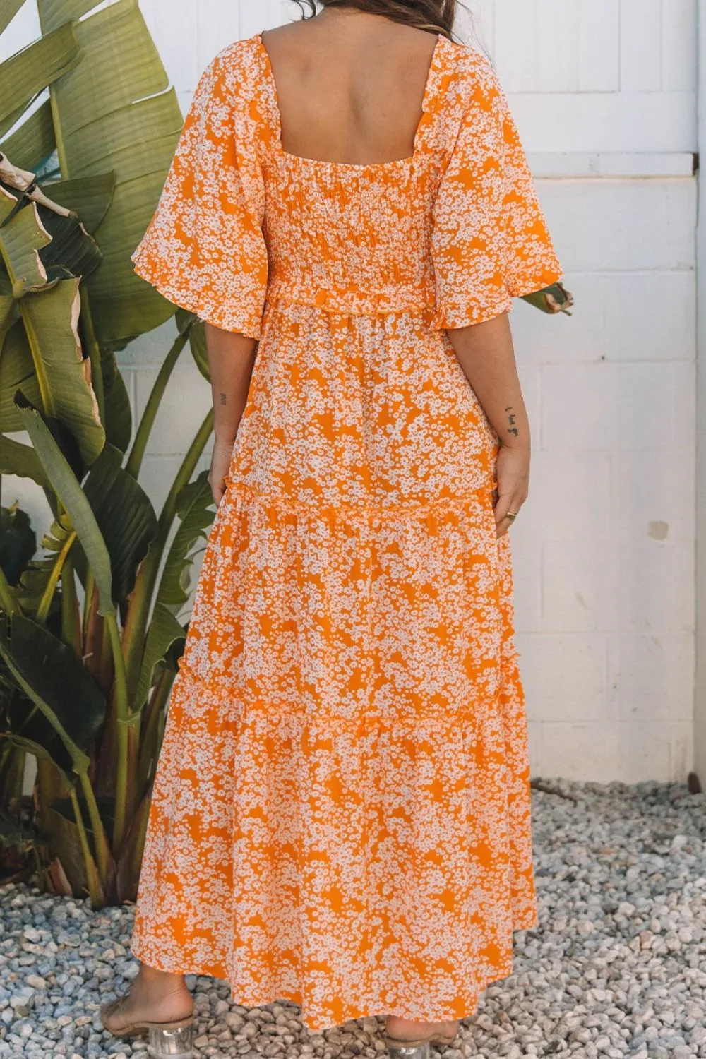 Floral Print Smocked V Neck Wide Sleeve Maxi Dress