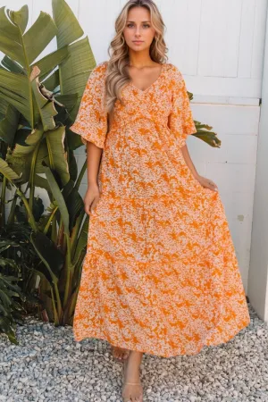 Floral Print Smocked V Neck Wide Sleeve Maxi Dress