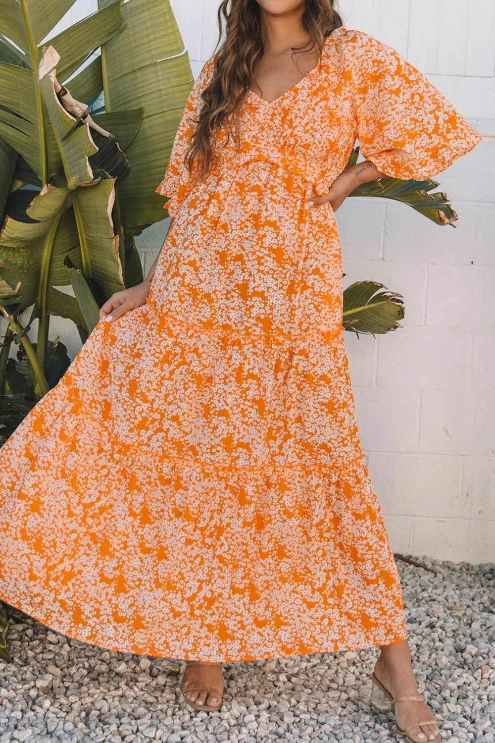 Floral Print Smocked V Neck Wide Sleeve Maxi Dress