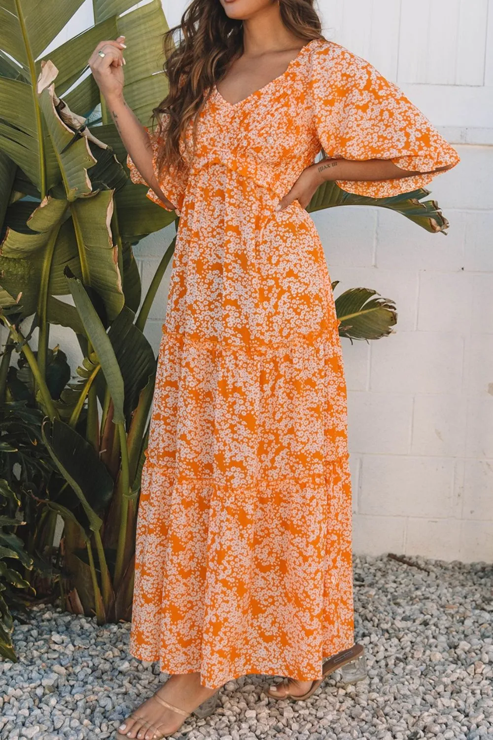 Floral Print Smocked V Neck Wide Sleeve Maxi Dress