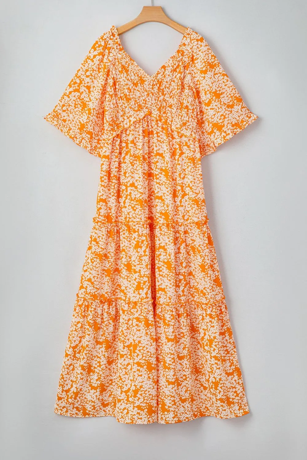 Floral Print Smocked V Neck Wide Sleeve Maxi Dress