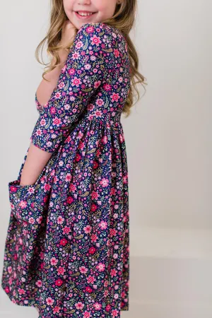 Flower Farm 3/4 Sleeve Pocket Twirl Dress