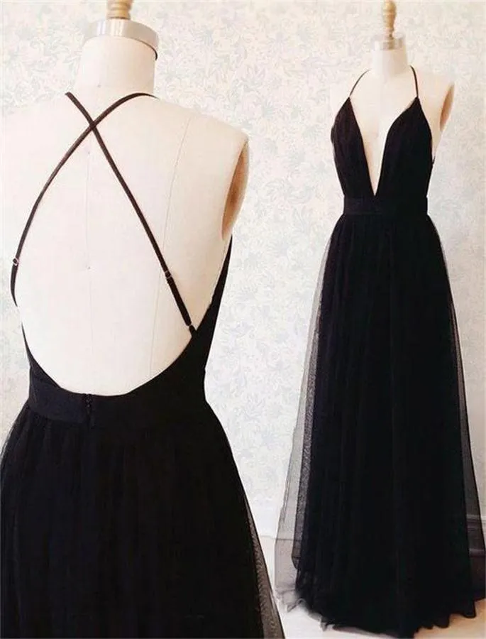 Flowy Deep V-neck A-line Tulle Long Prom Dress