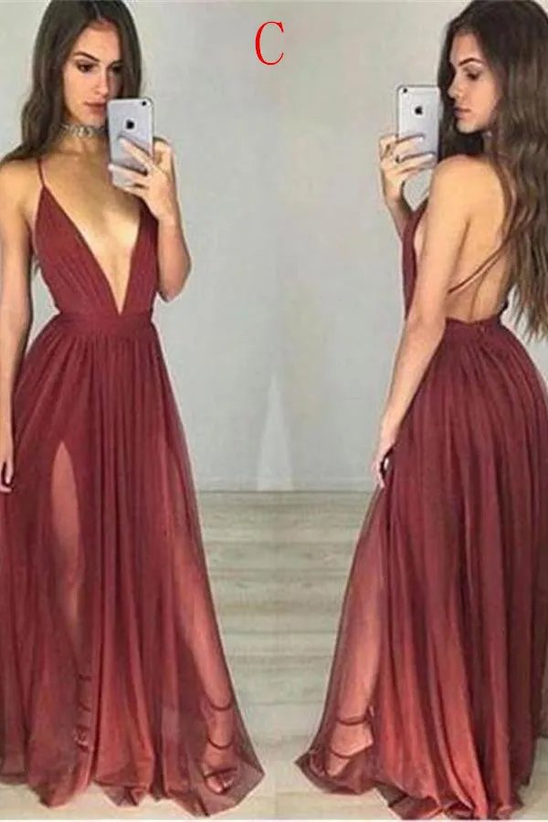 Flowy Deep V-neck A-line Tulle Long Prom Dress