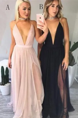 Flowy Deep V-neck A-line Tulle Long Prom Dress