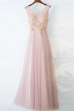Flowy Pink V-neck Long Floor Length Lace Tulle Prom Dress
