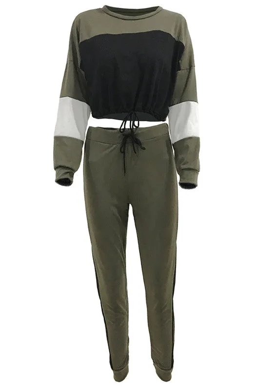 Fueled By Coffee Long Sleeve Splicing Two Piece Set - Olive