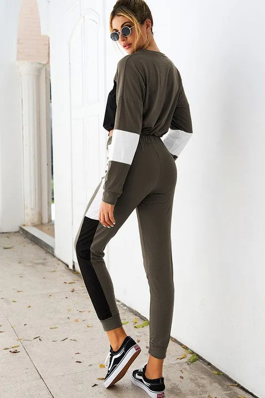 Fueled By Coffee Long Sleeve Splicing Two Piece Set - Olive