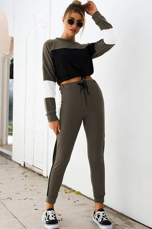 Fueled By Coffee Long Sleeve Splicing Two Piece Set - Olive