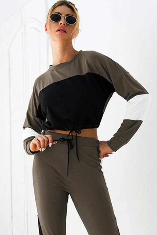 Fueled By Coffee Long Sleeve Splicing Two Piece Set - Olive