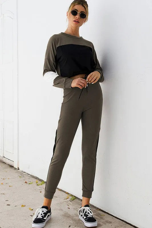Fueled By Coffee Long Sleeve Splicing Two Piece Set - Olive