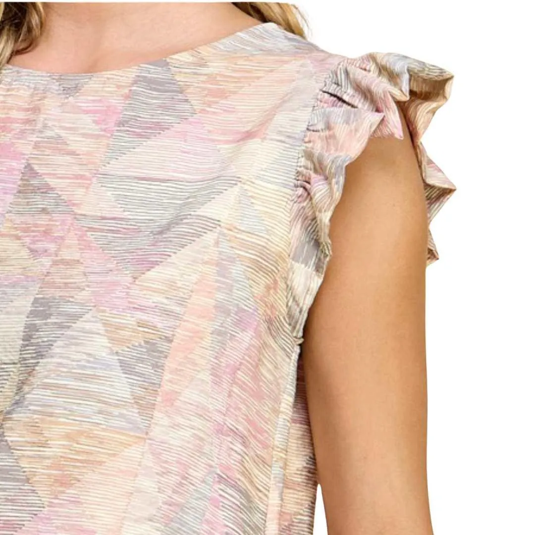 Geometric Ruffle Sleeve Top - Made in USA