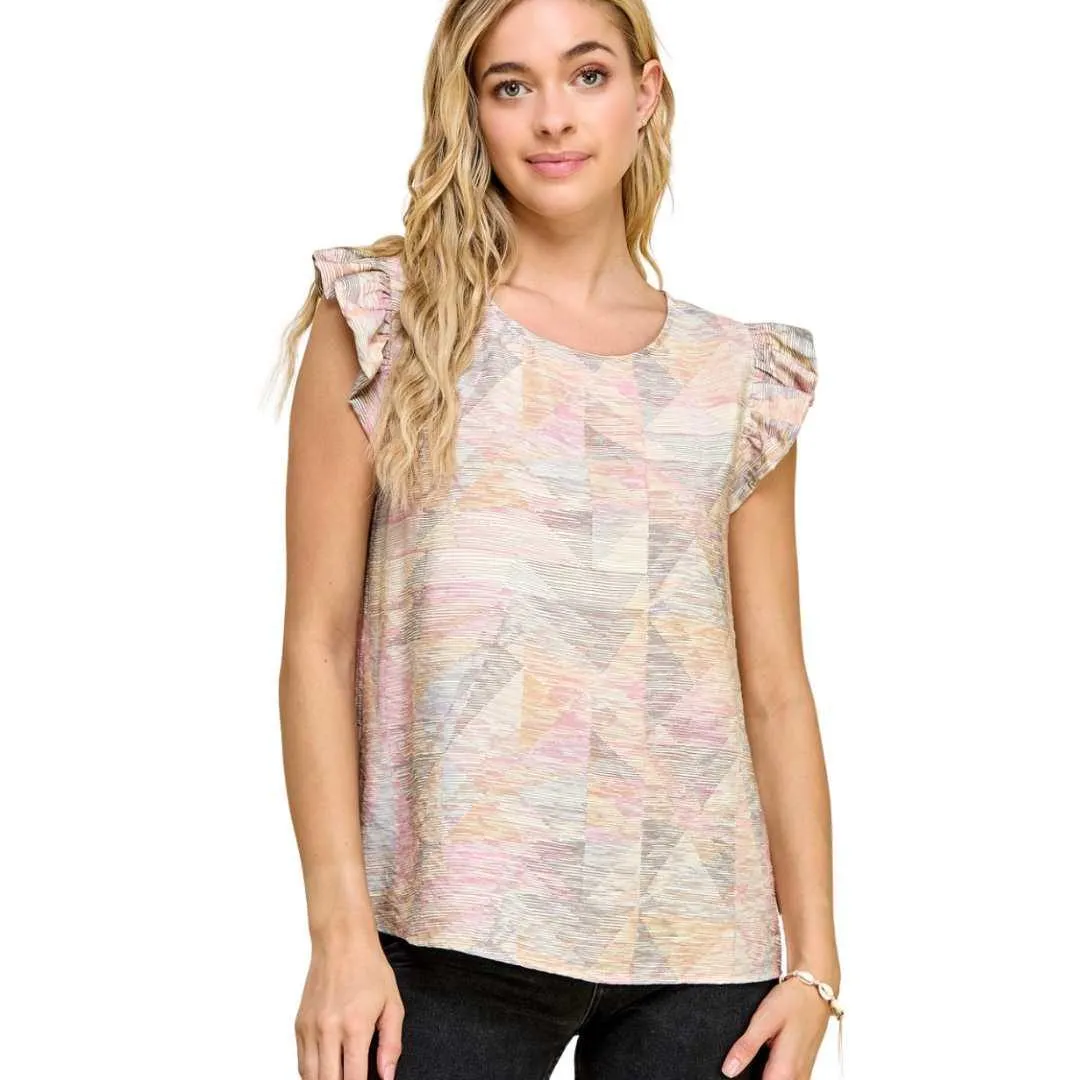 Geometric Ruffle Sleeve Top - Made in USA