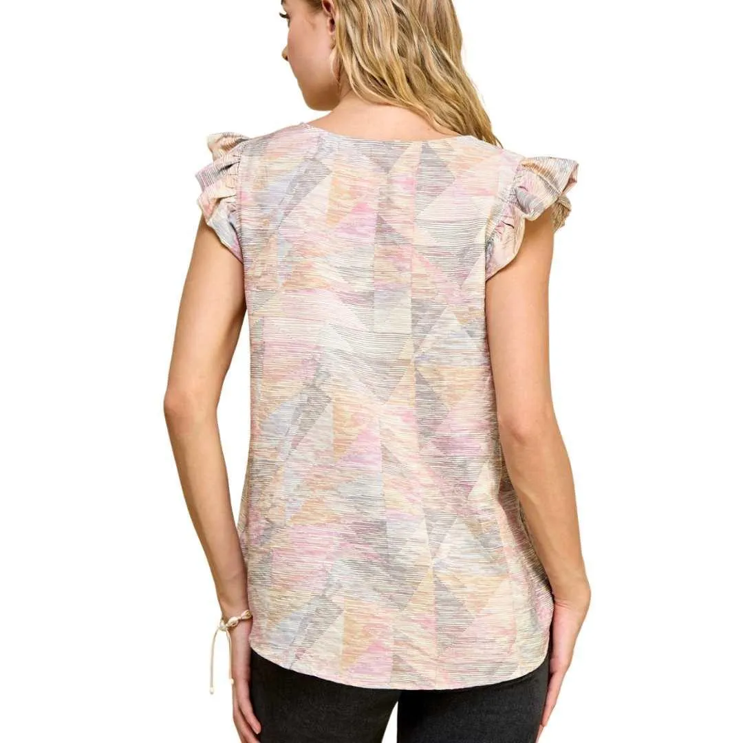 Geometric Ruffle Sleeve Top - Made in USA
