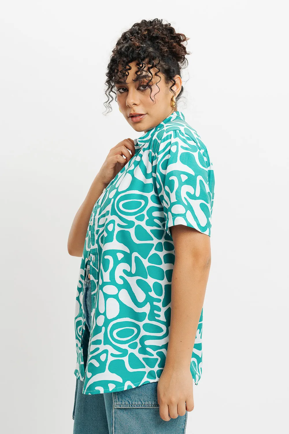 Green Abstract Print Women's Resort Shirt