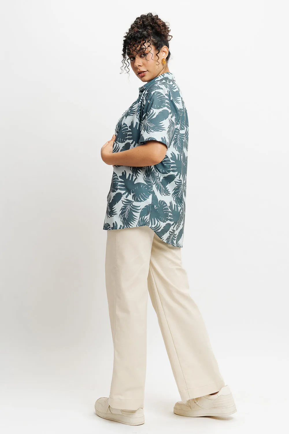 Green Palm Print Women's Resort Shirt