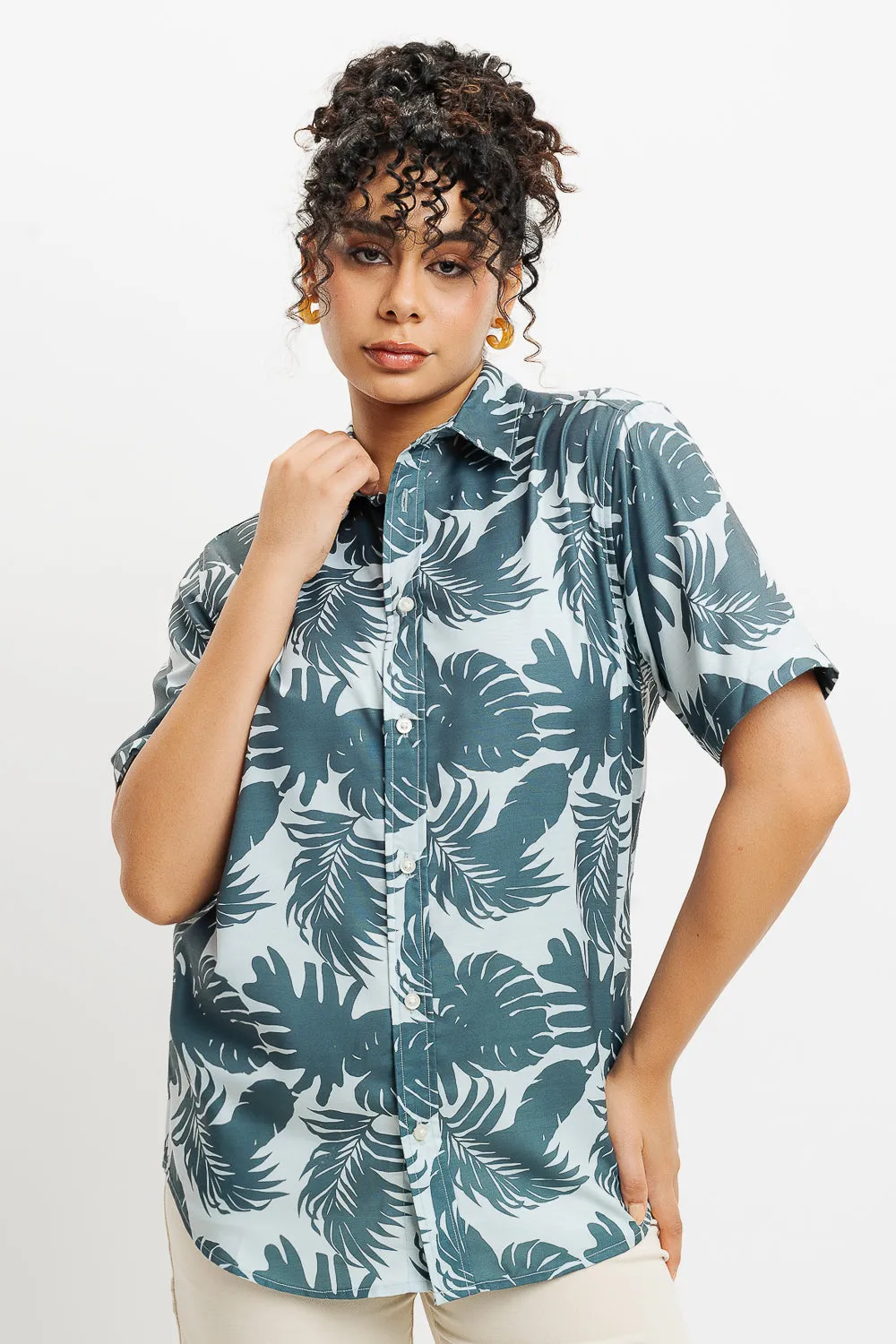 Green Palm Print Women's Resort Shirt