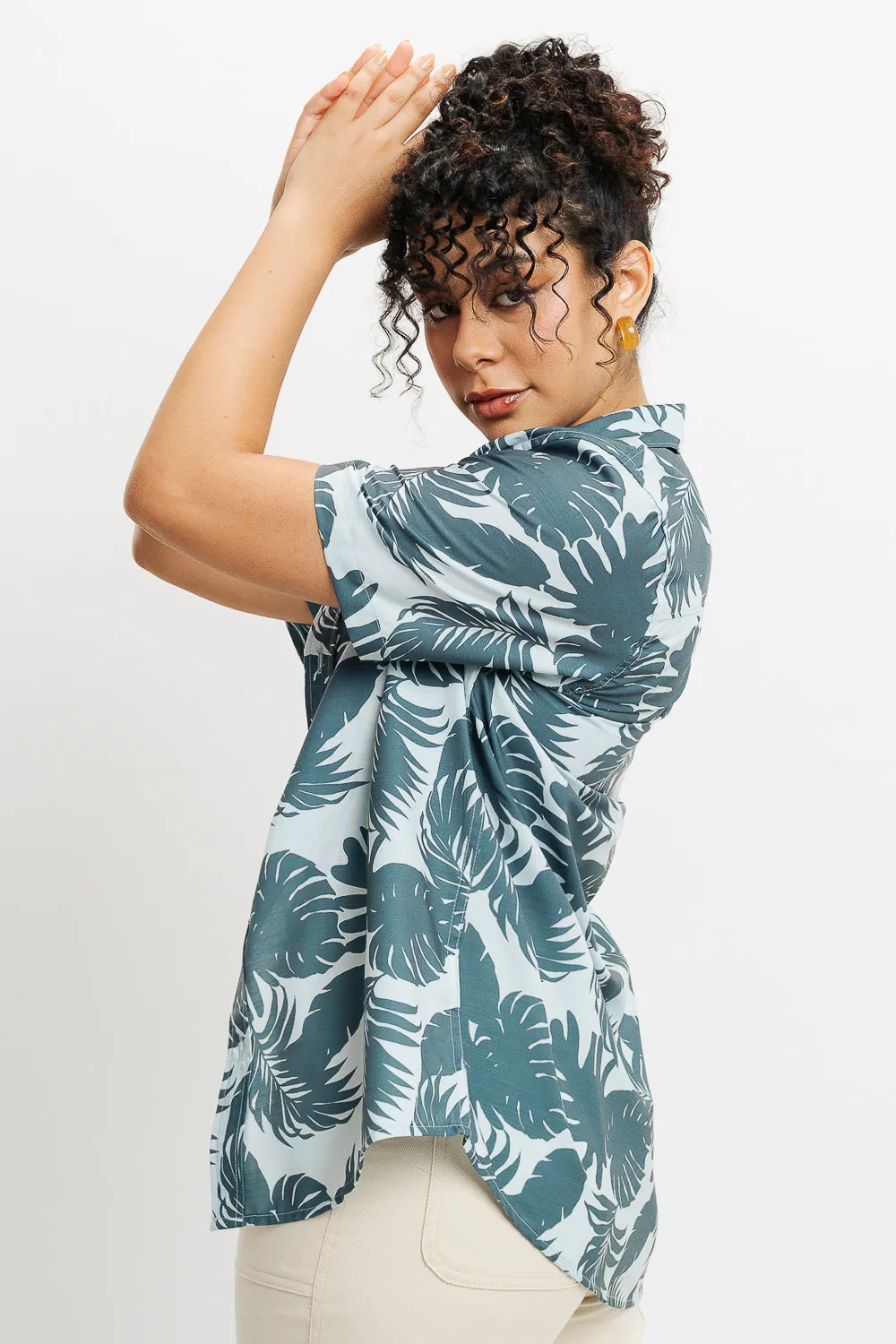 Green Palm Print Women's Resort Shirt