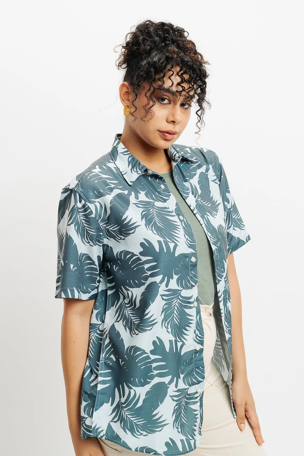 Green Palm Print Women's Resort Shirt