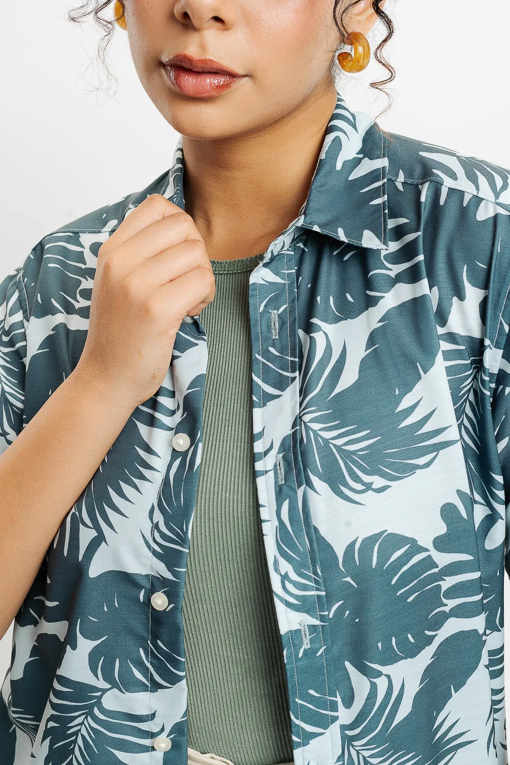 Green Palm Print Women's Resort Shirt