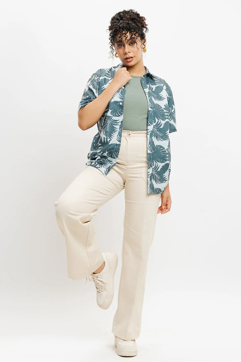 Green Palm Print Women's Resort Shirt