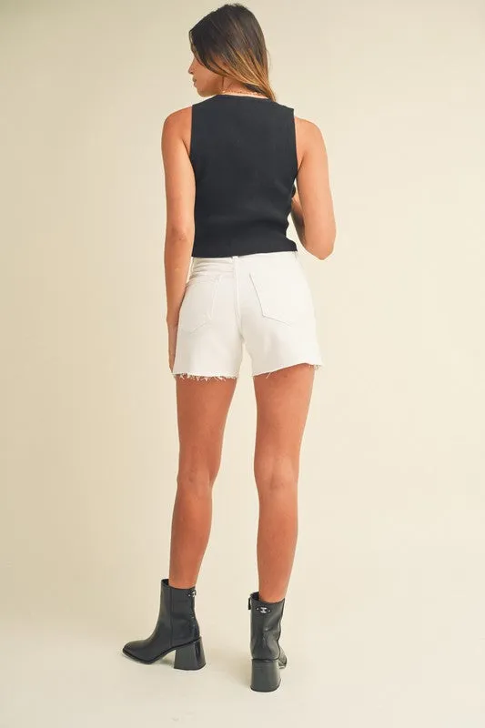 High Rise Side Slit White Denim Shorts