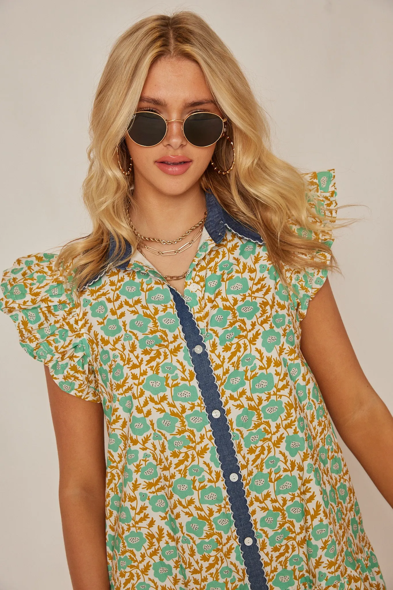 Hollis Denim Detail Floral Dress