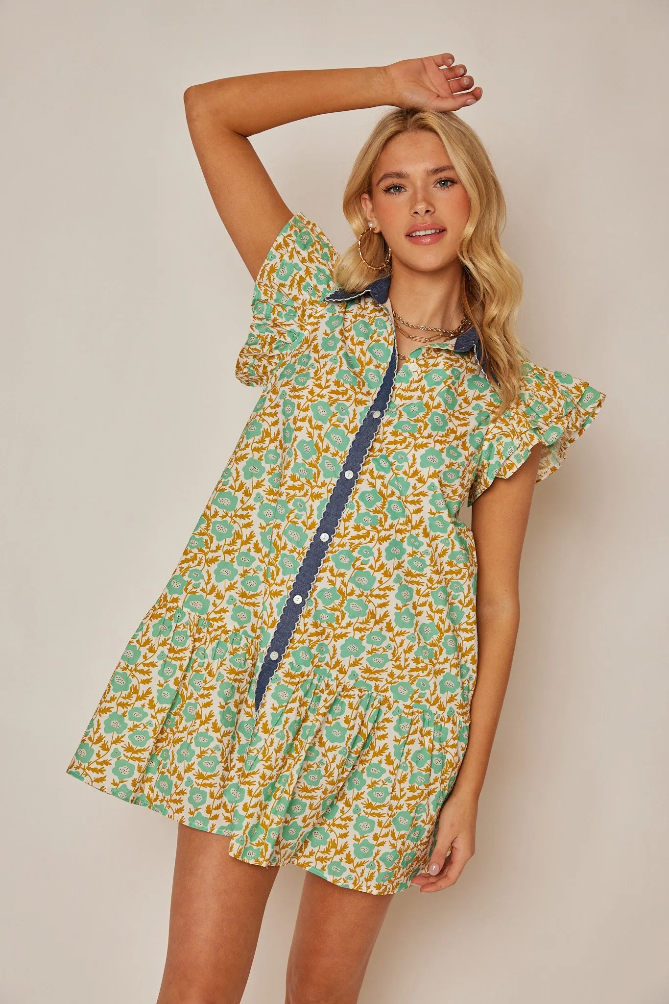 Hollis Denim Detail Floral Dress
