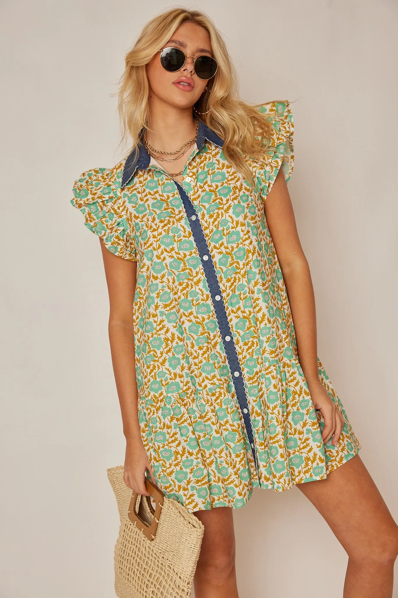 Hollis Denim Detail Floral Dress