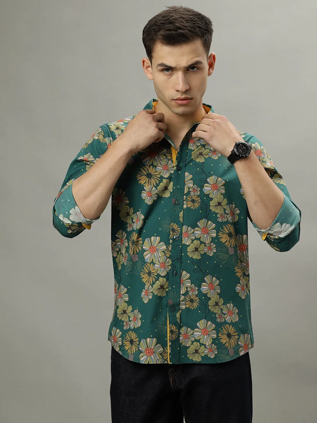 Iconic Green Fashion Floral Print Regular Fit Shirt