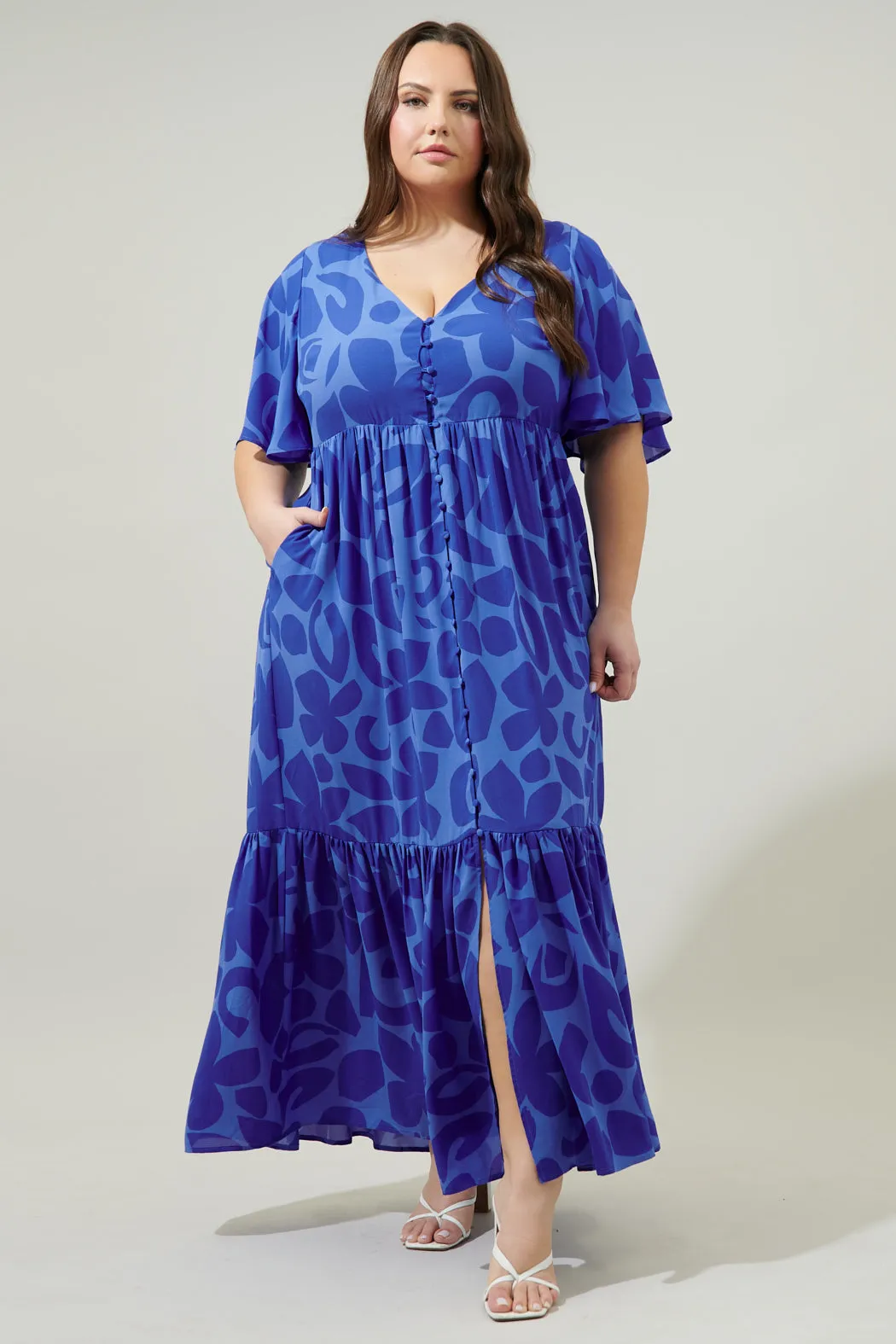 Kihe Floral Pismo Button Down Flutter Maxi Dress Curve