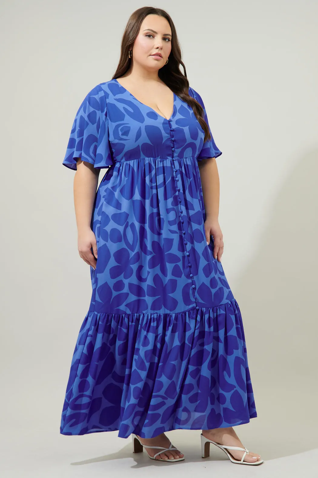 Kihe Floral Pismo Button Down Flutter Maxi Dress Curve