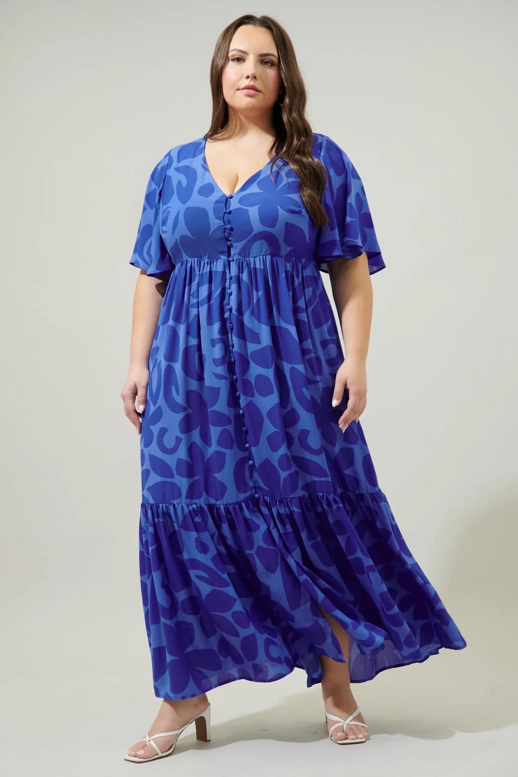 Kihe Floral Pismo Button Down Flutter Maxi Dress Curve