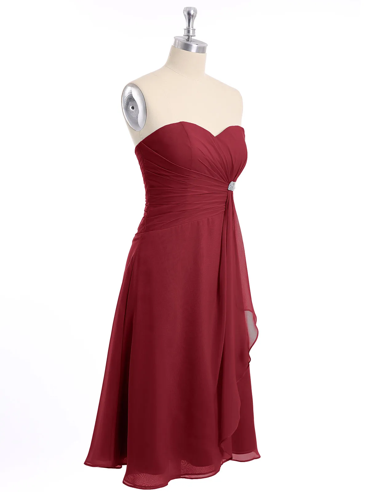 Knee Length Chiffon Dress with Sweetheart Neck-Burgundy