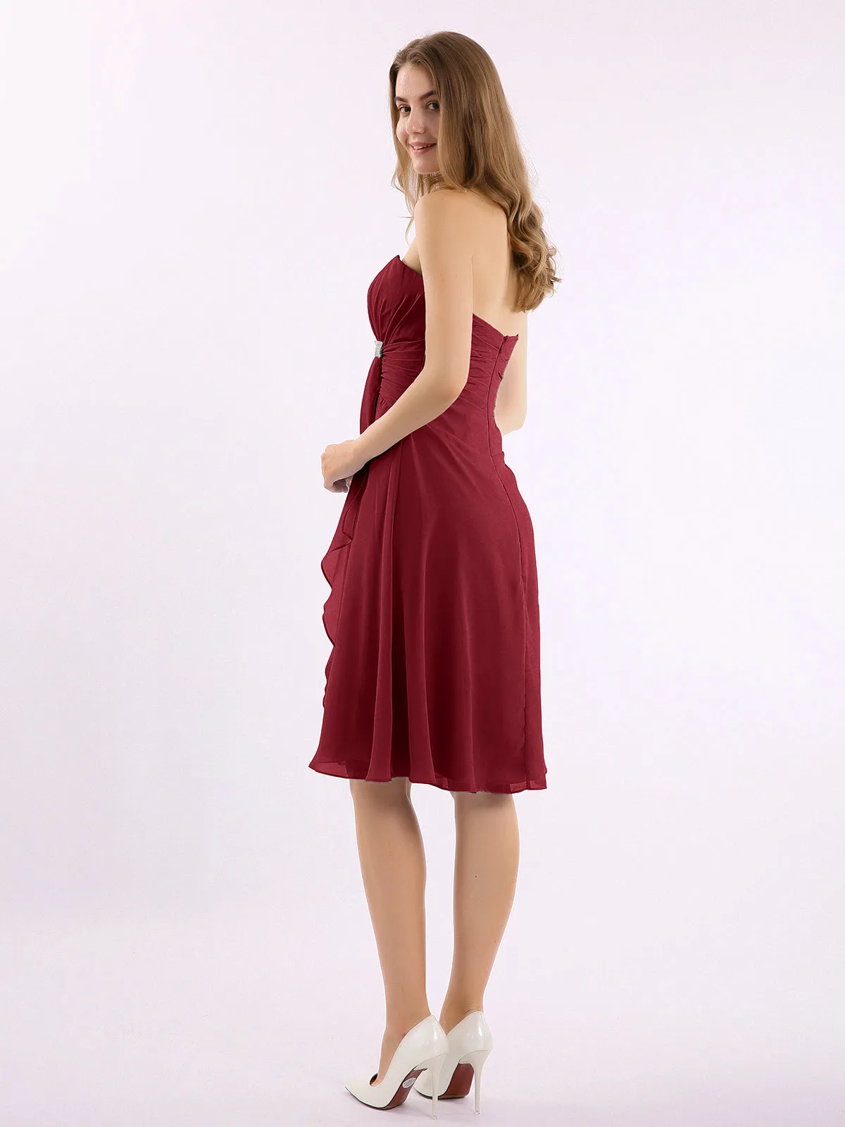 Knee Length Chiffon Dress with Sweetheart Neck-Burgundy