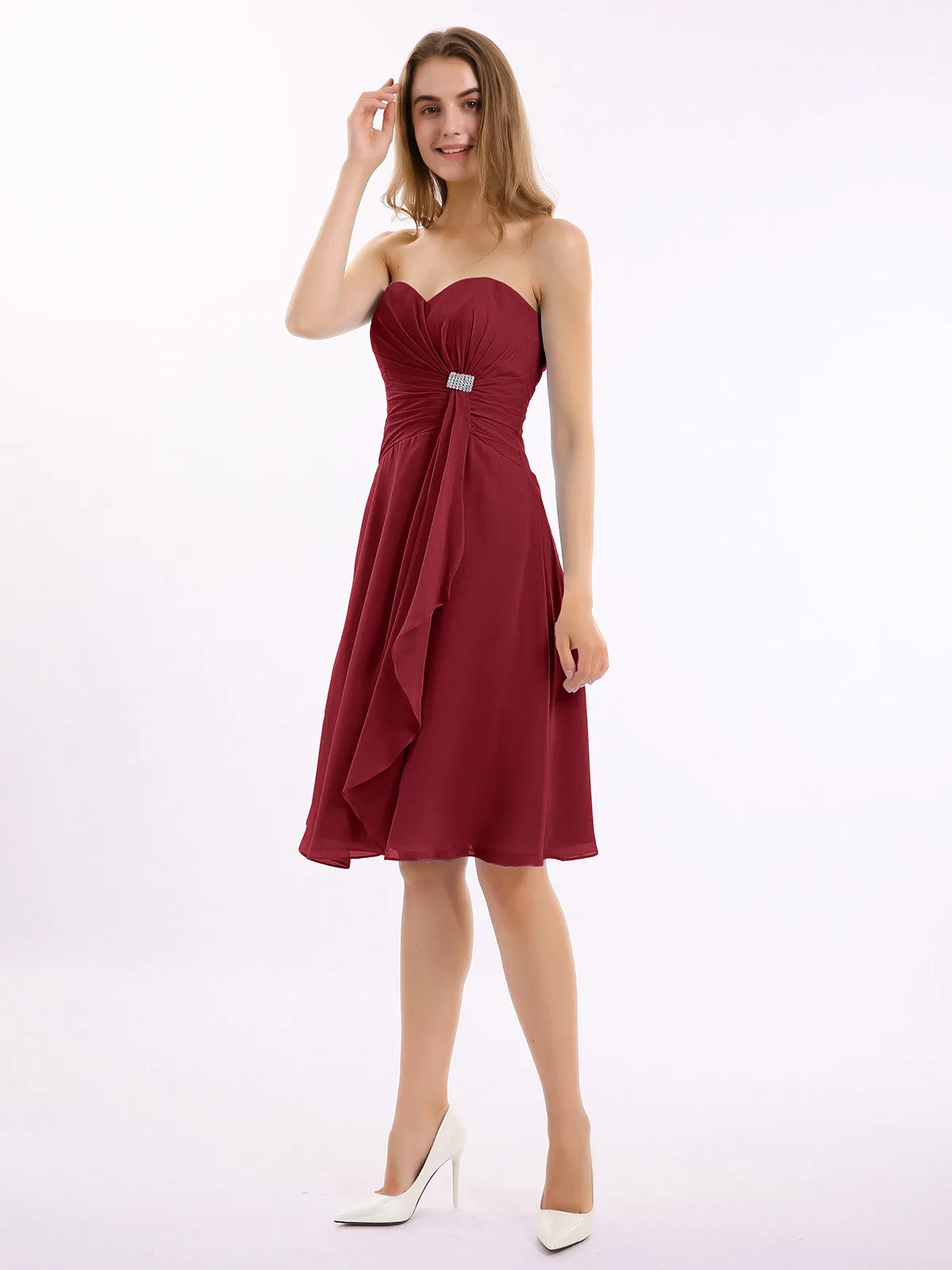 Knee Length Chiffon Dress with Sweetheart Neck-Burgundy