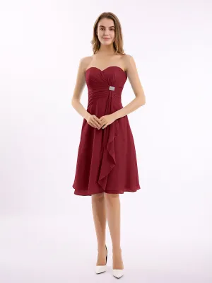 Knee Length Chiffon Dress with Sweetheart Neck-Burgundy