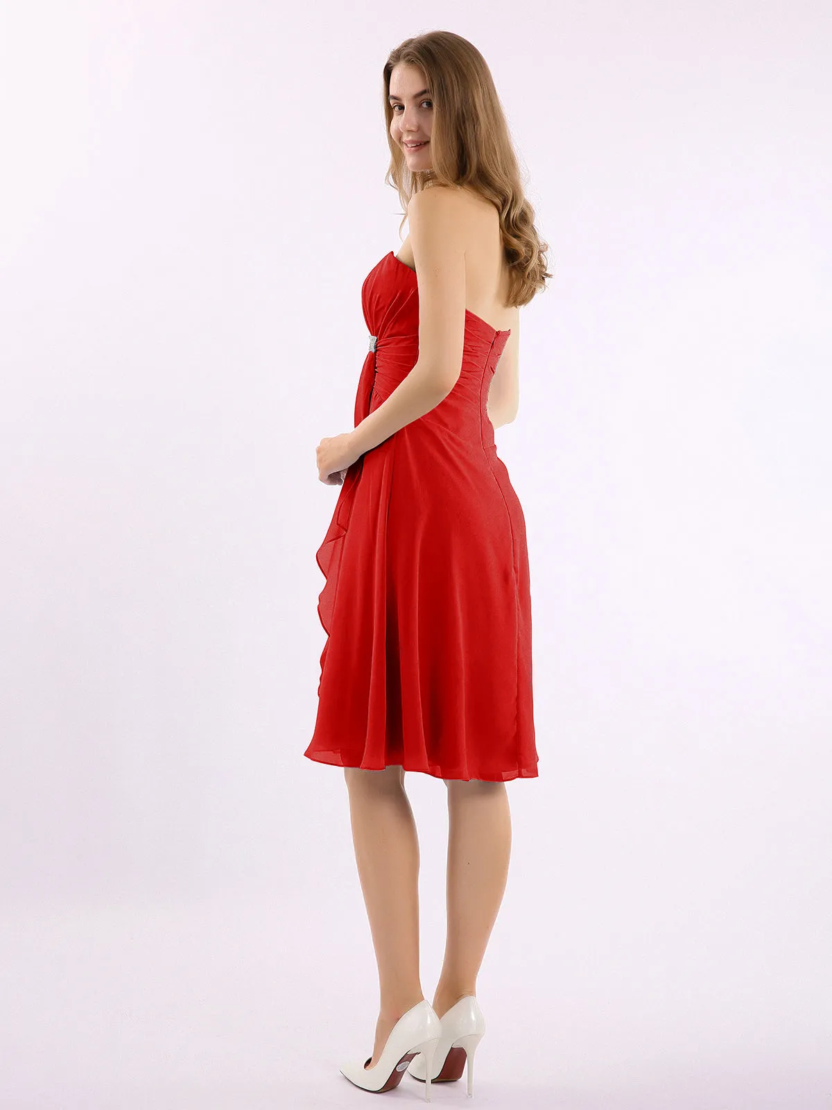 Knee Length Chiffon Dress with Sweetheart Neck-Red Plus Size