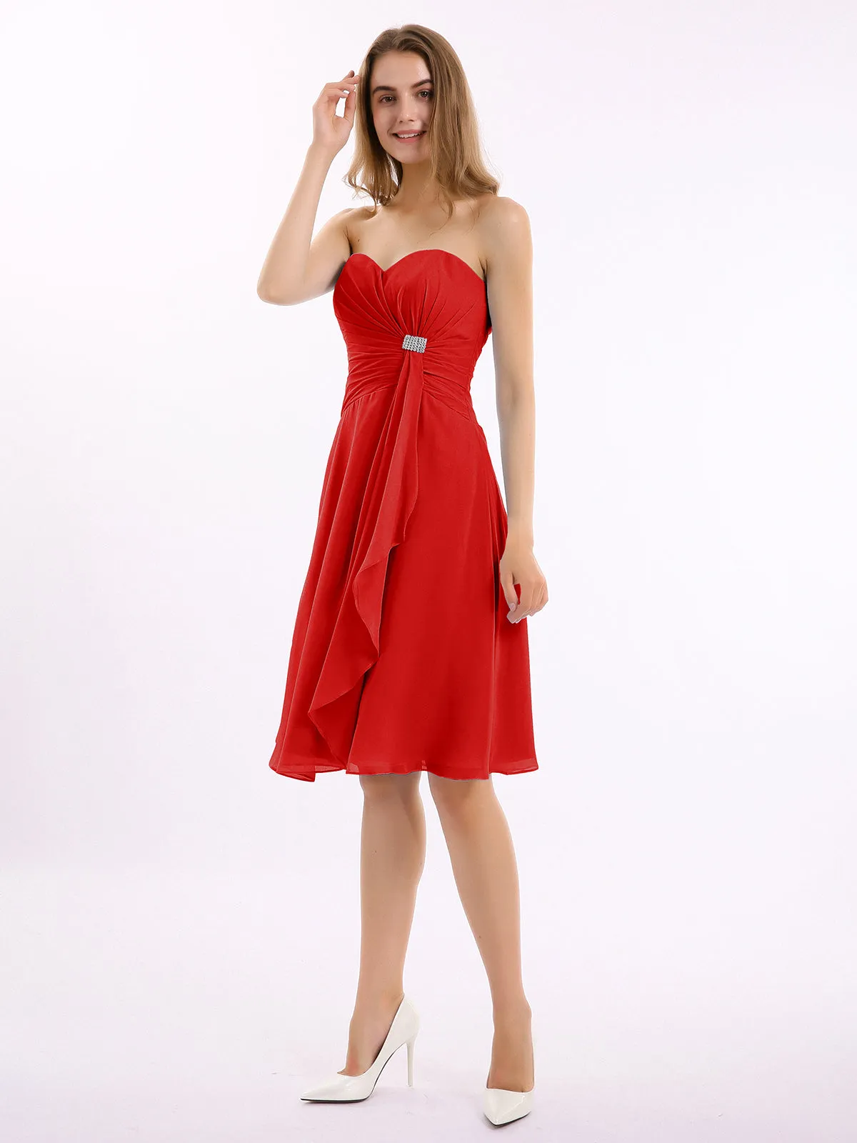 Knee Length Chiffon Dress with Sweetheart Neck-Red Plus Size