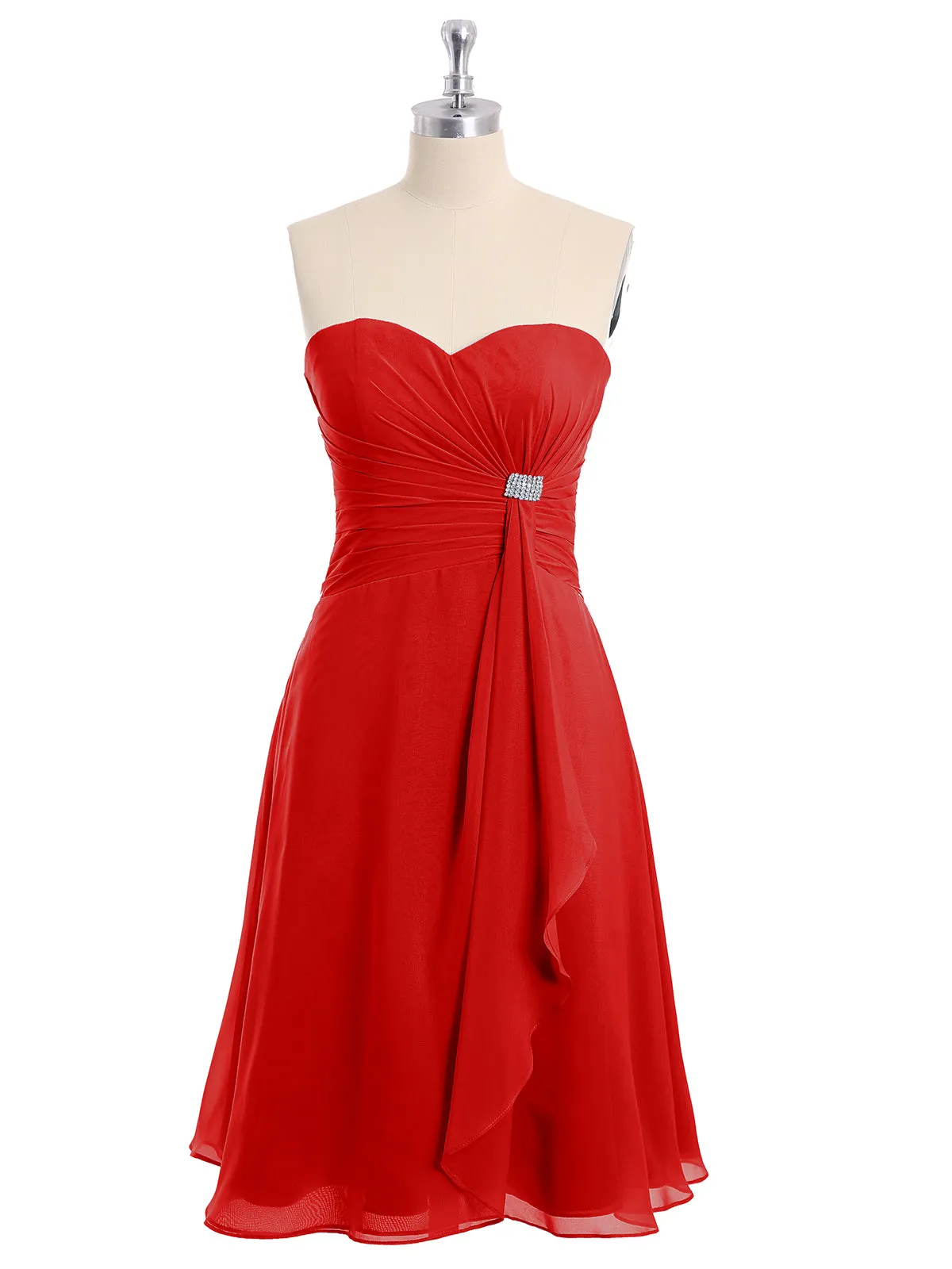 Knee Length Chiffon Dress with Sweetheart Neck-Red Plus Size