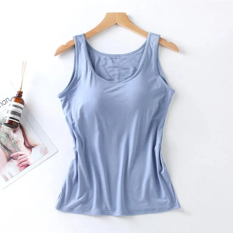 Lady Glams 2024 Women's Vest Tops with Built-In Bra Neck Vest Padded Slim Fit Tank Tops Sexy Shirts Casual