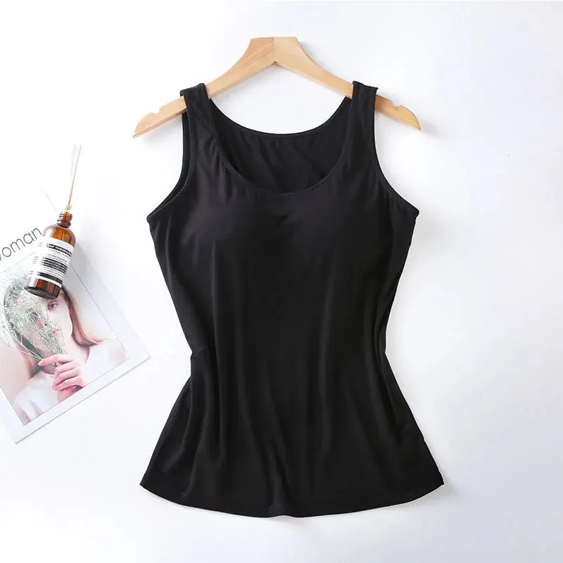 Lady Glams 2024 Women's Vest Tops with Built-In Bra Neck Vest Padded Slim Fit Tank Tops Sexy Shirts Casual