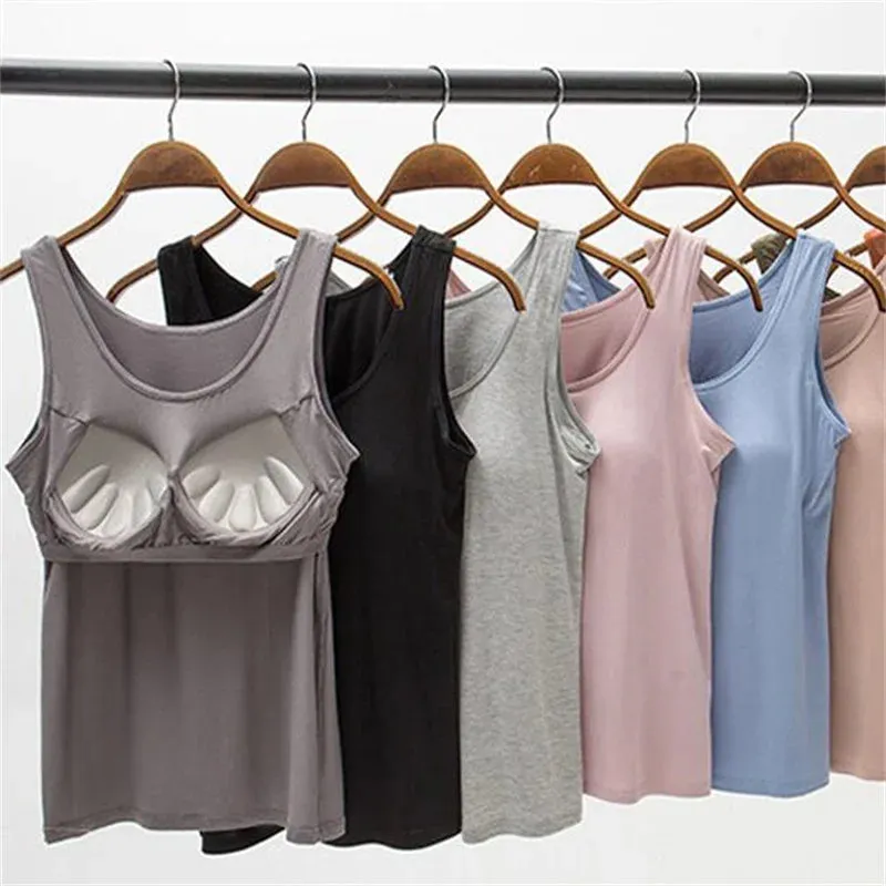 Lady Glams 2024 Women's Vest Tops with Built-In Bra Neck Vest Padded Slim Fit Tank Tops Sexy Shirts Casual