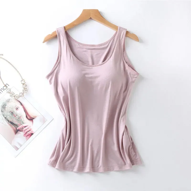 Lady Glams 2024 Women's Vest Tops with Built-In Bra Neck Vest Padded Slim Fit Tank Tops Sexy Shirts Casual