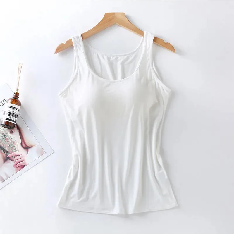 Lady Glams 2024 Women's Vest Tops with Built-In Bra Neck Vest Padded Slim Fit Tank Tops Sexy Shirts Casual