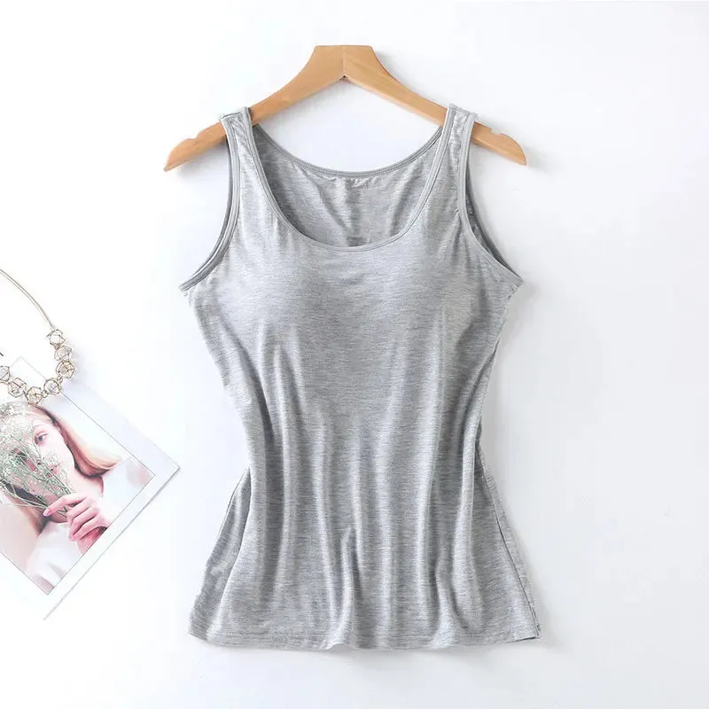Lady Glams 2024 Women's Vest Tops with Built-In Bra Neck Vest Padded Slim Fit Tank Tops Sexy Shirts Casual