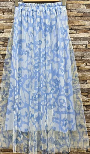 Light Blue Sheer Overlay Animal Print Maxi Skirt